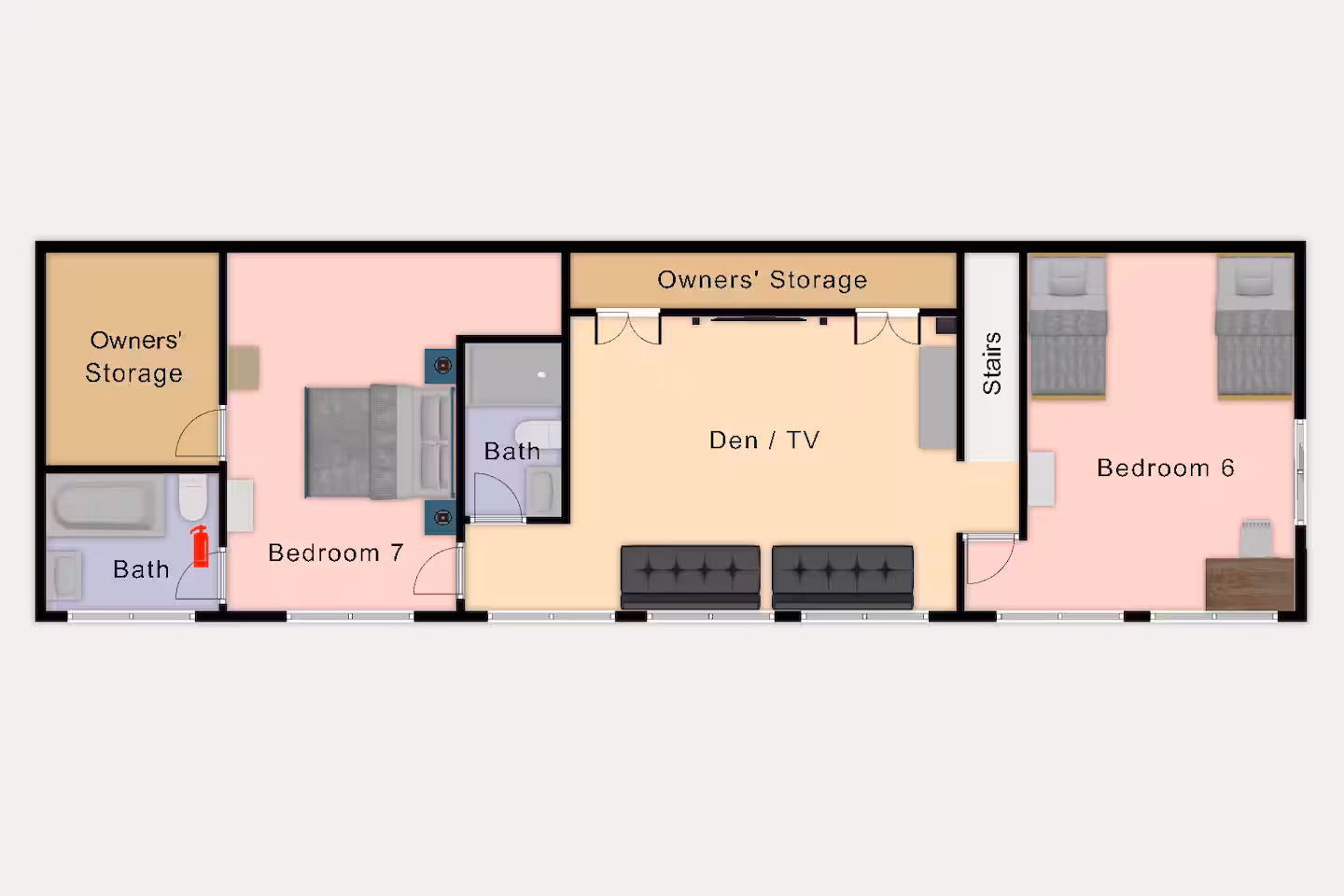 Upper level floor plan of Kinpine House showing Bedrooms 6 and 7 and the den lounge