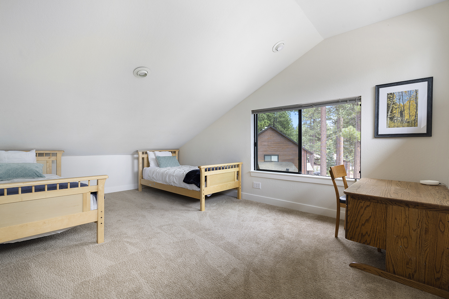 Bedroom 6 – Two twin XL beds under vaulted ceiling